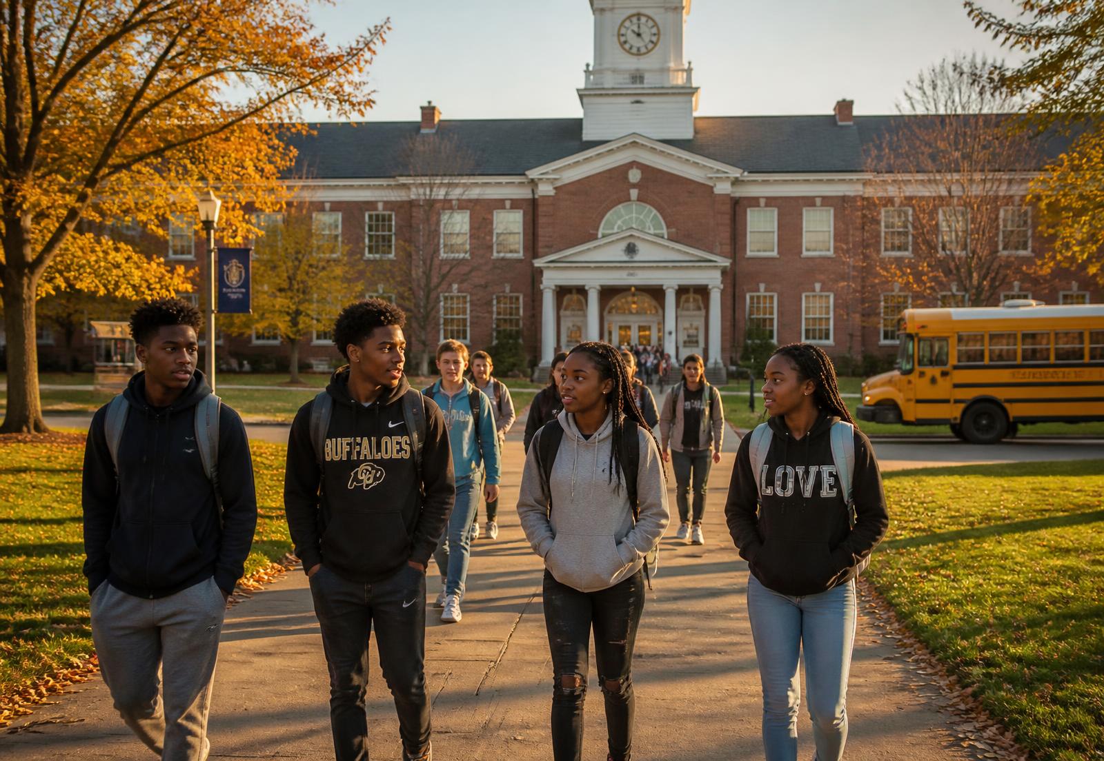 Teenage students walking across an American high school campus in autumn